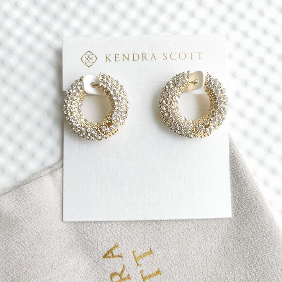 Kendra Scott Gold White Crystal Mikki Pave Hoop Earrings NEW - Picture 1 of 3